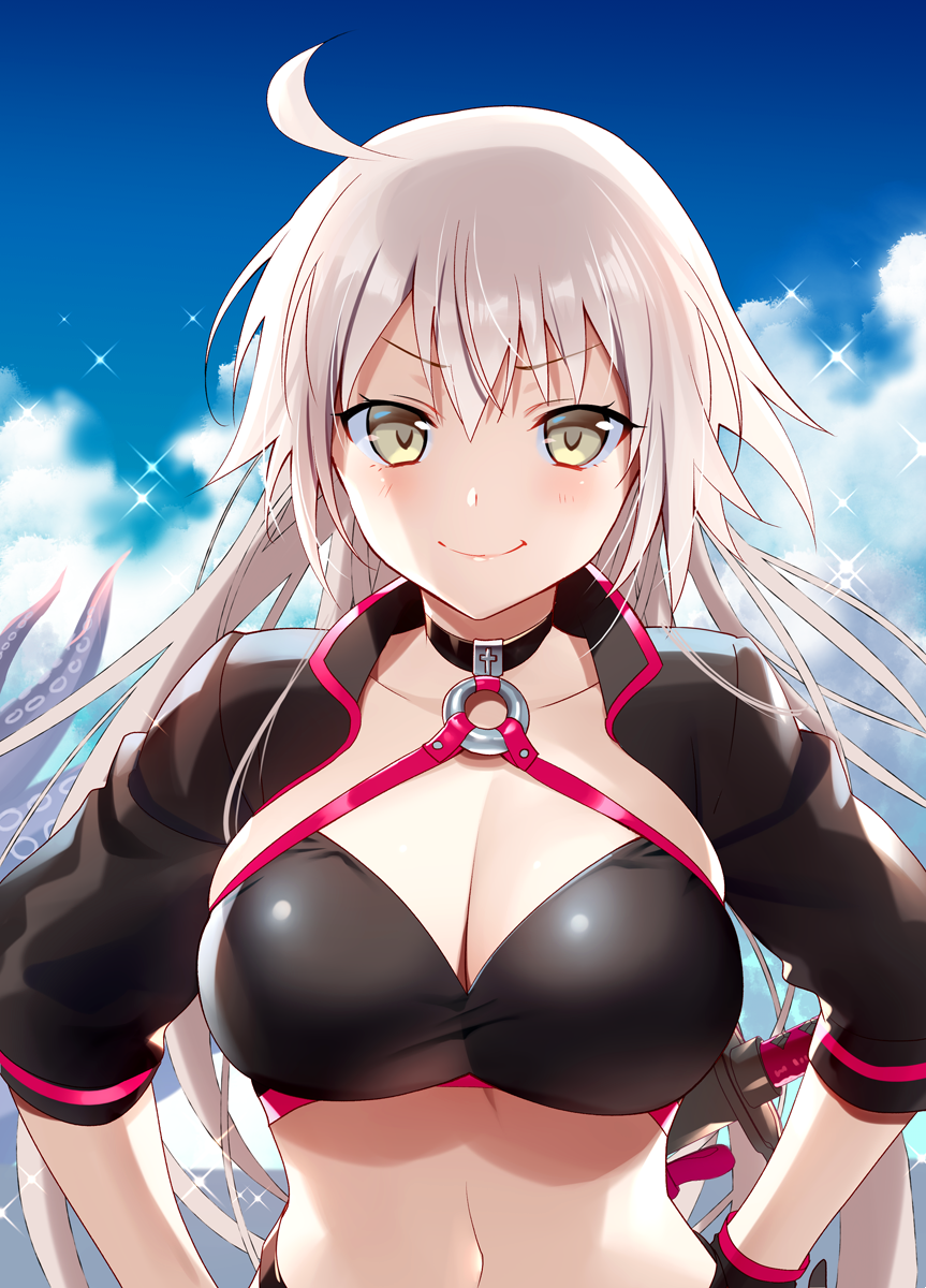 1girl ahoge bikini black_bikini_top black_jacket blue_sky blush breasts choker cleavage clouds collarbone fate/grand_order fate_(series) hand_on_hip highres jacket jeanne_d'arc_(alter_swimsuit_berserker) jeanne_d'arc_(fate)_(all) katana large_breasts long_hair looking_at_viewer murakami_yuichi o-ring ocean sky smile sparkle swimsuit sword tentacle very_long_hair weapon yellow_eyes