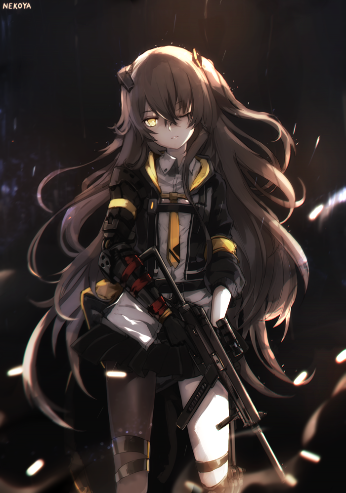 1girl bangs brown_hair city_lights clothes_writing digi-mind_update_(girls_frontline) dyolf eyebrows_visible_through_hair floating_hair from_side girls_frontline gloves gun h&amp;k_ump h&amp;k_ump45 hair_between_eyes hair_ornament head_tilt headgear heckler_&amp;_koch holding holding_gun holding_weapon jacket long_hair looking_at_viewer night one_eye_closed one_side_up outdoors parted_lips prosthesis prosthetic_arm rain revision scar scar_across_eye submachine_gun ump45_(girls_frontline) weapon wind wind_lift yellow_eyes