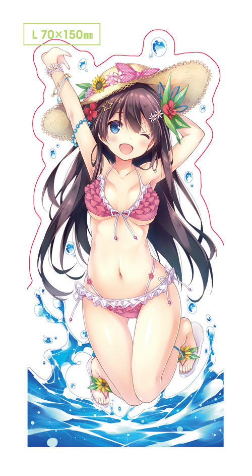 1girl arms_up bikini blue_eyes breasts brown_hair collarbone frilled_bikini frills front-tie_top full_body hat jumping looking_at_viewer medium_breasts navel one_eye_closed open_mouth original pink_bikini ryo sandals side-tie_bikini simple_background smile splashing sun_hat swimsuit water white_background