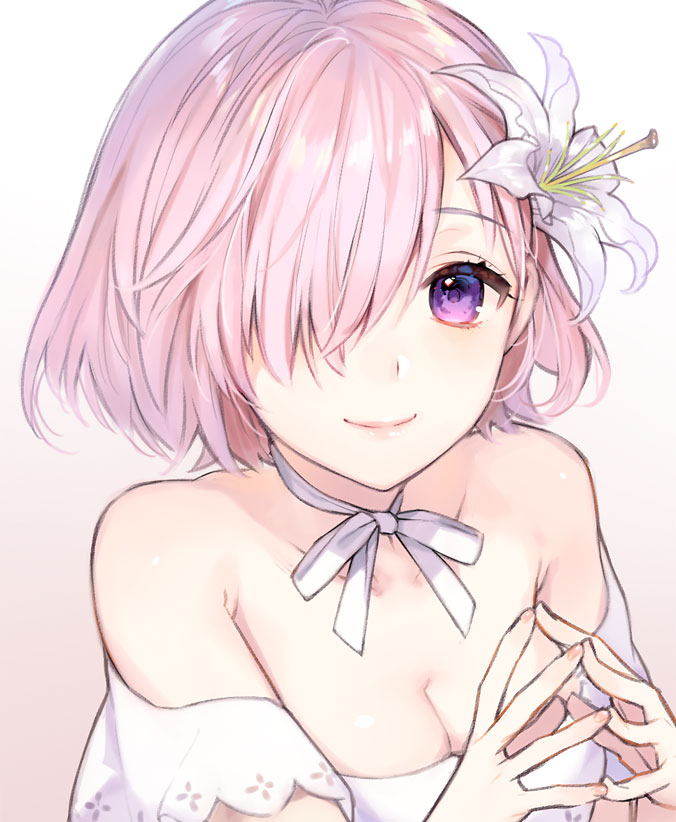 1girl alternate_costume bare_shoulders blue_eyes blush breasts choker cleavage closed_mouth collarbone dress fate/grand_order fate_(series) flower hair_flower hair_ornament hair_over_one_eye hibiscus kaguyuzu lavender_hair lips looking_at_viewer mash_kyrielight medium_breasts own_hands_together ribbon simple_background smile solo strapless strapless_dress upper_body white_background white_choker