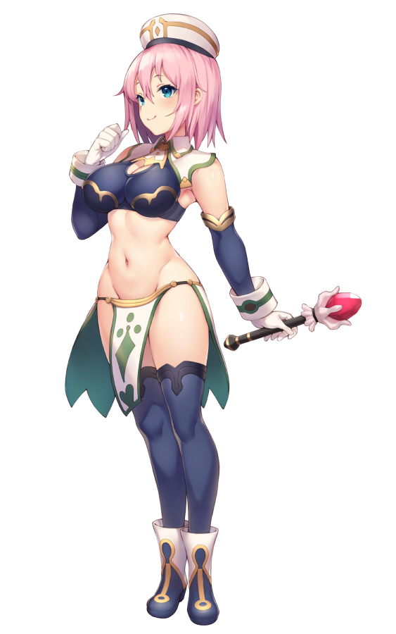 1girl black_legwear blue_eyes blush boots breasts cleavage detached_sleeves full_body gloves hat large_breasts loincloth midriff navel original pelvic_curtain pink_hair pokachu short_hair simple_background smile solo staff standing white_background white_gloves white_hat wrist_cuffs