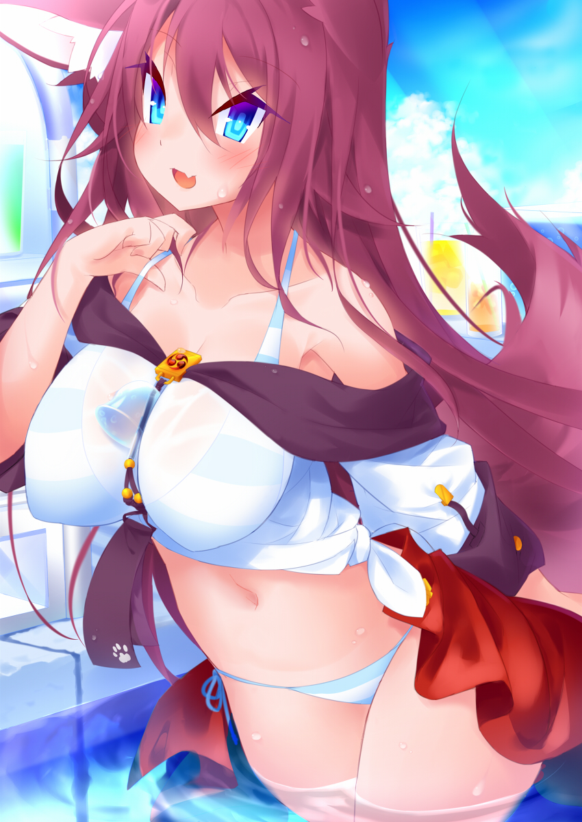 1girl bell bikini blue_eyes blush breasts fang highres imaizumi_kagerou koha large_breasts navel off_shoulder see-through shirt showgirl_skirt solo striped striped_bikini swimsuit swimsuit_under_clothes tied_shirt touhou wading water