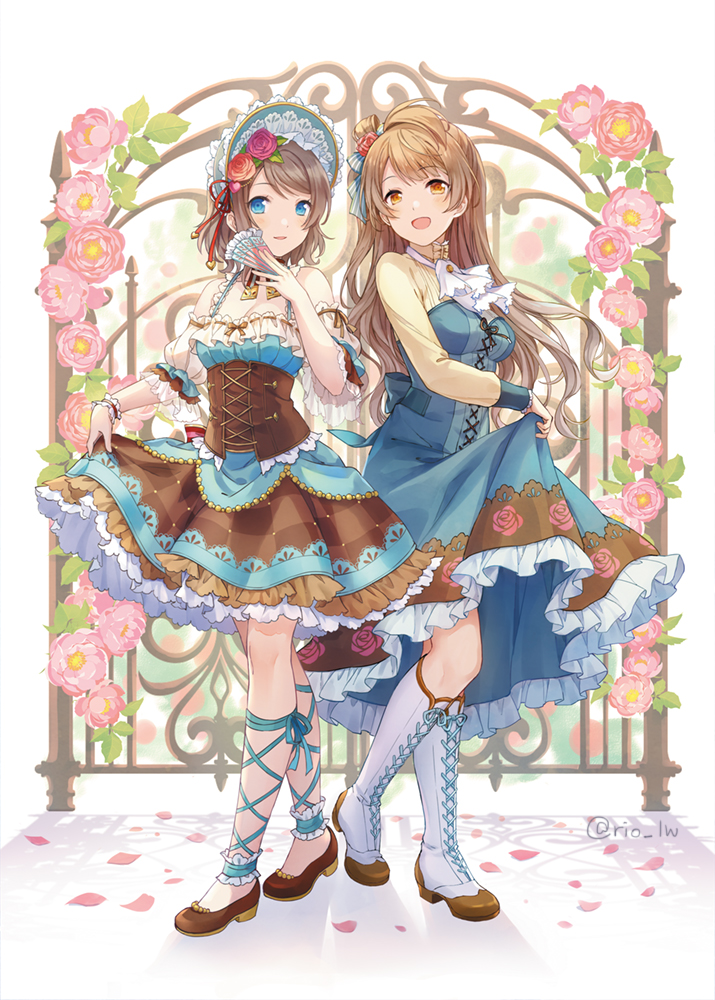 2girls :d ascot bangs bare_shoulders blue_dress blue_eyes blue_hat bonnet boots breasts brown_eyes brown_footwear checkered corset cross-laced_clothes cross-laced_footwear detached_sleeves dress eyebrows_visible_through_hair fan flower folding_fan gate hat holding holding_fan knee_boots lace-up_boots light_brown_hair long_hair long_sleeves love_live! love_live!_school_idol_project love_live!_sunshine!! medium_breasts minami_kotori multiple_girls open_mouth parted_lips petals pink_flower pink_rose puffy_short_sleeves puffy_sleeves rio_(9251843) rose shirt shoes short_sleeves sleeveless sleeveless_dress smile standing standing_on_one_leg strapless strapless_dress twitter_username very_long_hair watanabe_you white_background white_footwear white_neckwear yellow_shirt