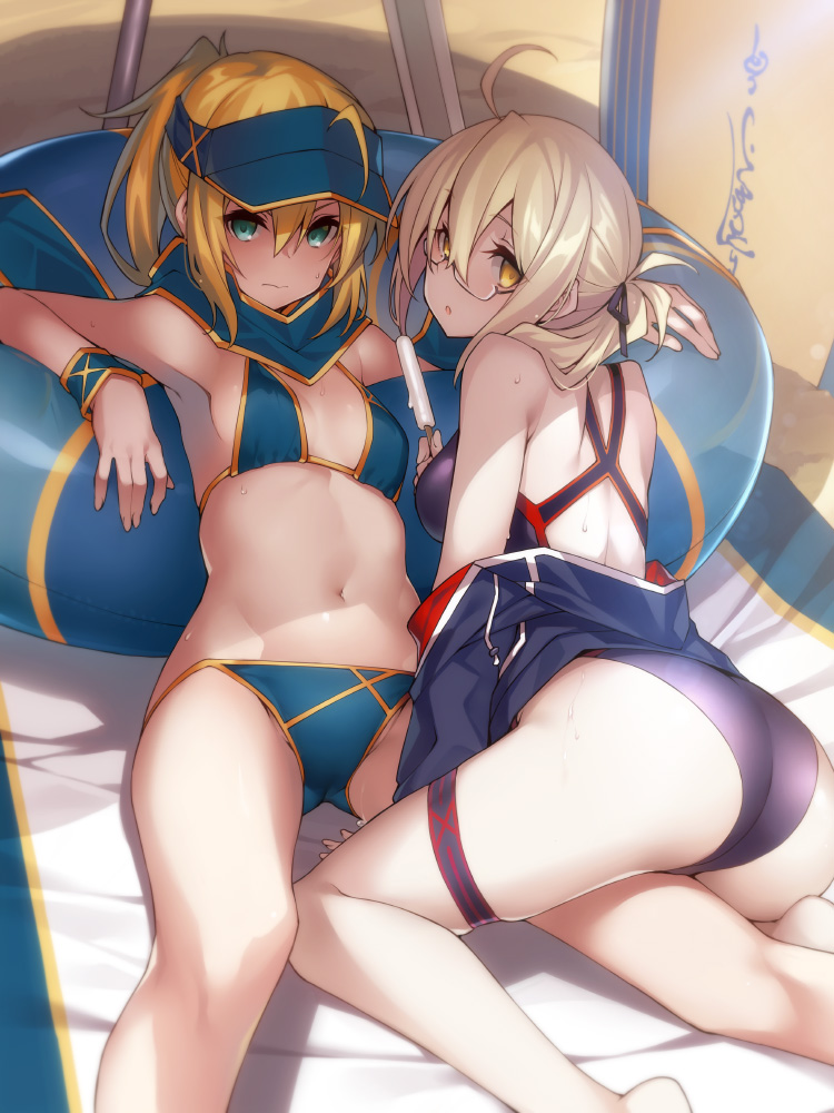 2girls ahoge all_fours artoria_pendragon_(all) ass bare_legs barefoot bikini black_swimsuit blonde_hair blue_bikini blue_eyes breasts commentary_request competition_swimsuit fate/grand_order fate_(series) food from_behind hair_between_eyes hair_ribbon innertube looking_at_viewer looking_back lying multiple_girls mysterious_heroine_x mysterious_heroine_x_(alter) navel off_shoulder one-piece_swimsuit outdoors parted_lips ponytail popsicle ribbon shade sidelocks small_breasts swimsuit thigh_strap visor_cap wristband yellow_eyes yuu_(amadoki)