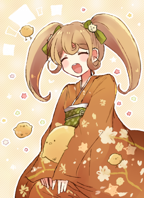 1girl blonde_hair bow cat_hair_ornament closed_eyes dangan_ronpa hair_bow hair_ornament japanese_clothes kimono long_hair miyame obi open_mouth saionji_hiyoko sash solo super_dangan_ronpa_2 twintails