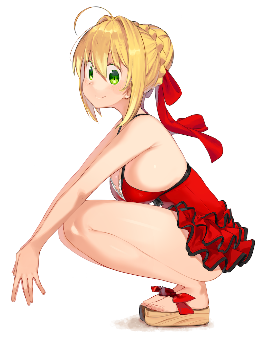 1girl ahoge bare_legs blonde_hair braid breasts cleavage crown_braid dress fate/extra fate_(series) fingers_together from_side green_eyes hair_bun hair_intakes hair_ribbon highres kei_(soundcross) large_breasts nero_claudius_(fate)_(all) own_hands_together red_dress ribbon sandals short_dress short_hair sideboob simple_background smile solo squatting white_background