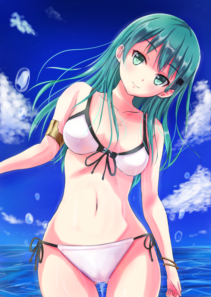 1girl alternate_costume aqua_eyes aqua_hair armlet ass_visible_through_thighs bangle bangs bikini blue_sky blush bracelet breasts cleavage clouds collarbone cowboy_shot day hair_ornament hairclip head_tilt jewelry kantai_collection large_breasts long_hair looking_at_viewer navel necklace nishiura_gin ocean outdoors side-tie_bikini sidelocks sky smile solo stomach suzuya_(kantai_collection) swimsuit thighs white_bikini