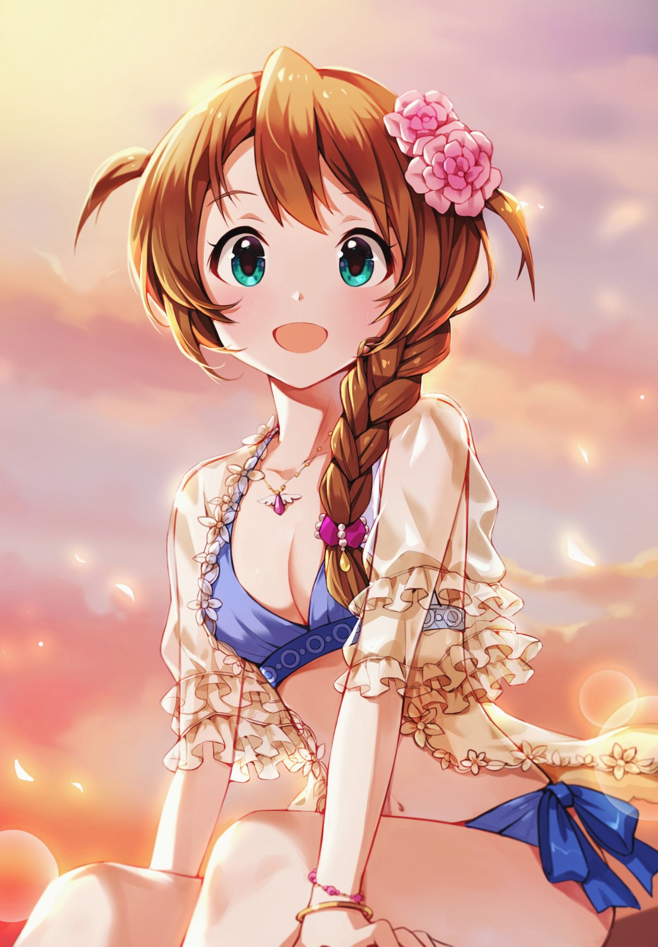 :d aqua_eyes baba_konomi bare_arms bare_legs bikini bracelet braid breasts brown_hair commentary_request evening eyebrows_visible_through_hair flower flower_request hair_flower hair_ornament highres idolmaster idolmaster_million_live! jewelry korean_commentary looking_at_viewer midriff navel open_mouth outdoors pendant pink_flower pinkiepies2 see-through single_braid sitting sky small_breasts smile swimsuit