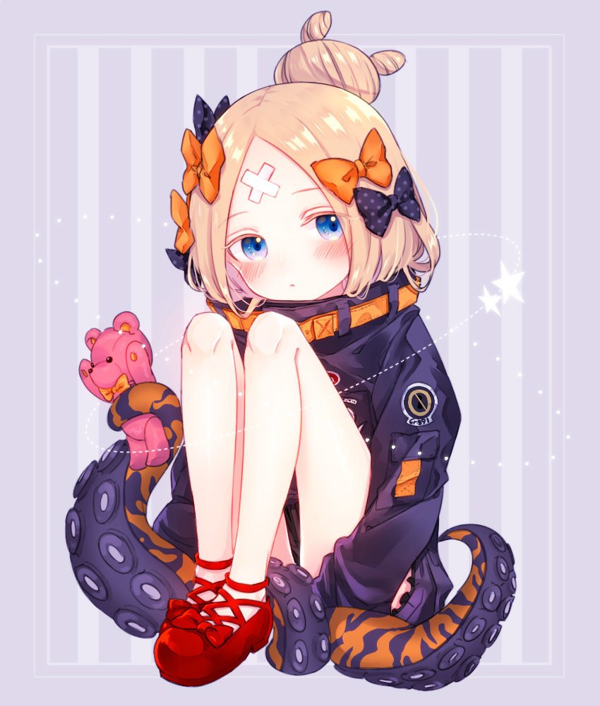 1girl abigail_williams_(fate/grand_order) animal_print bangs black_bow black_jacket blonde_hair blue_eyes blush bow closed_mouth commentary_request crossed_bandaids eyebrows_visible_through_hair fate/grand_order fate_(series) hair_bow hair_bun jacket long_hair long_sleeves looking_at_viewer orange_bow parted_bangs polka_dot polka_dot_bow pota_(xx11ovo11xx) red_bow red_footwear shoes sitting sleeves_past_fingers sleeves_past_wrists solo star striped striped_background stuffed_animal stuffed_toy suction_cups teddy_bear tentacle tiger_print vertical-striped_background vertical_stripes