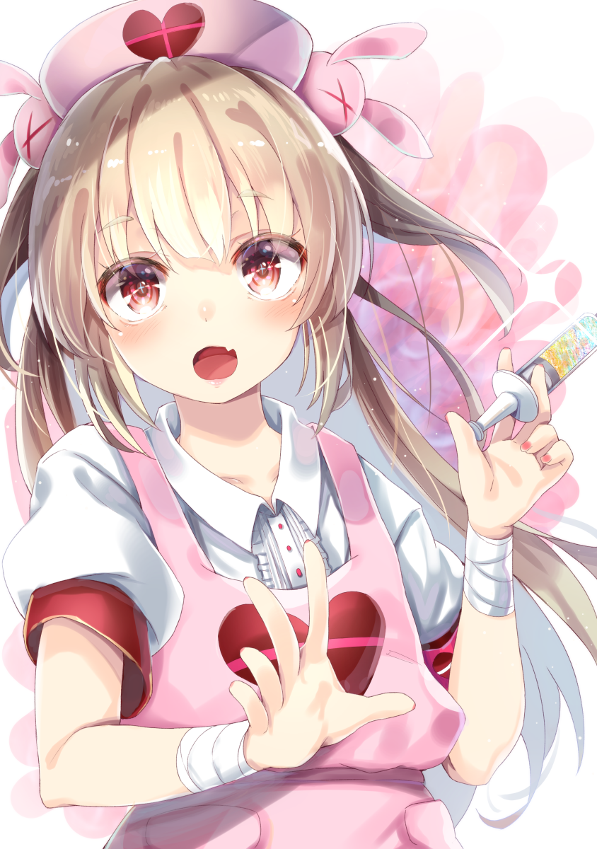 &gt;_&lt; 1girl apron armband bangs bunny_hair_ornament center_frills collared_shirt commentary_request cyanomirahi eyebrows_visible_through_hair fang fingernails frills hair_between_eyes hair_ornament hands_up hat heart highres holding holding_syringe light_brown_hair long_hair looking_at_viewer nail_polish natori_sana nurse_cap open_mouth pink_apron pink_hat puffy_short_sleeves puffy_sleeves red_eyes red_nails sana_channel shirt short_sleeves solo sparkle syringe twintails two_side_up very_long_hair virtual_youtuber white_shirt