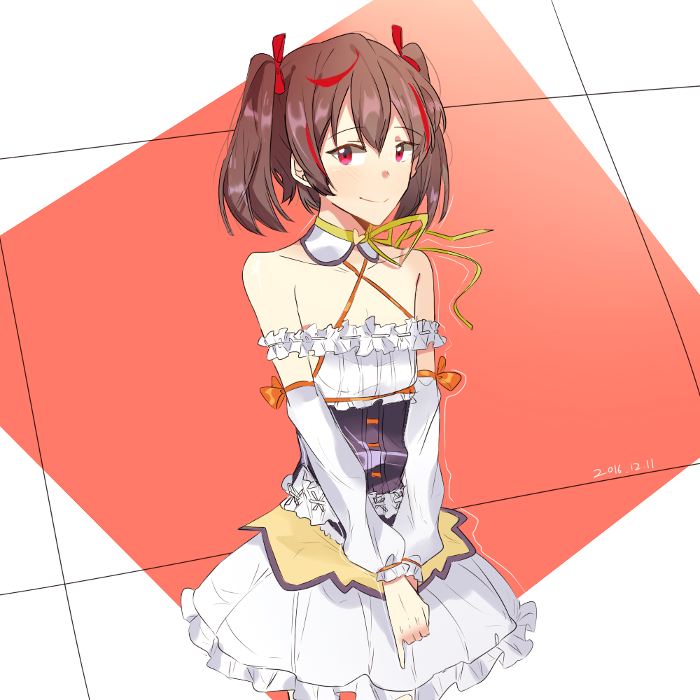 1boy band_yarouze! bare_shoulders blush brown_hair choker frilled_sleeves frills hair_ribbon halterneck hands_together looking_at_viewer love_is_my_sick miley_(band_yarouze!) multicolored_hair pinky_out red_eyes red_ribbon redhead ribbon short_twintails simple_background skirt smile standing trap twintails white_skirt
