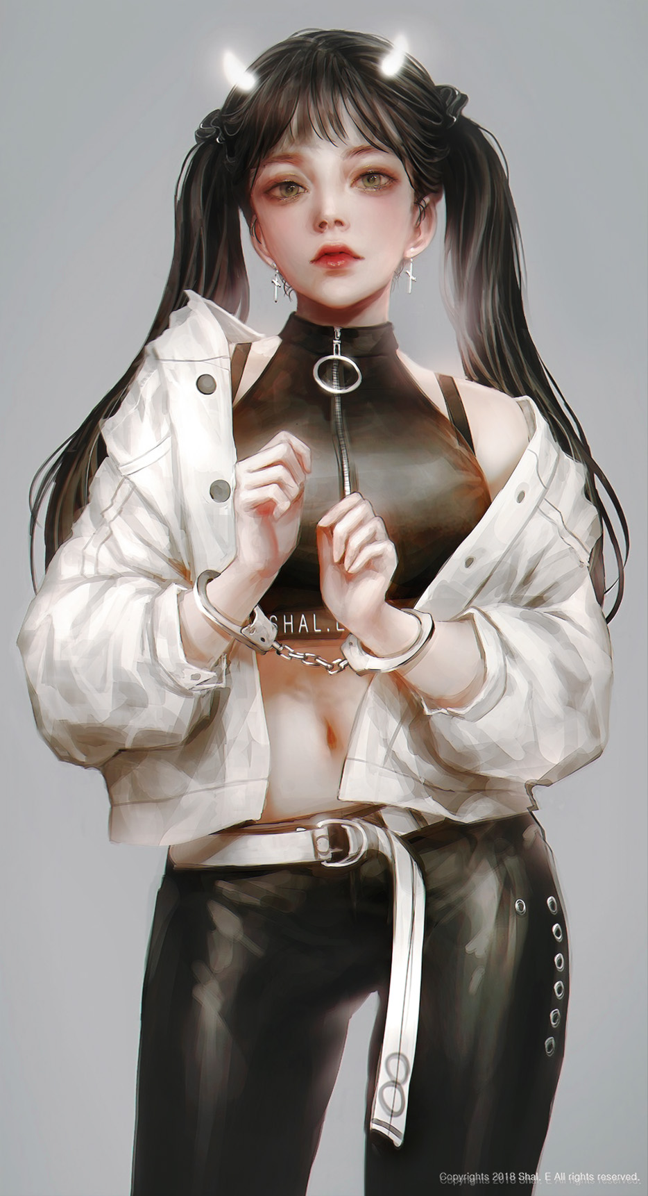 1girl belt black_hair cowboy_shot cross cross_earrings cuffs earrings grey_background grey_eyes handcuffs highres jacket jewelry leather leather_pants lips long_hair looking_at_viewer midriff navel nose original pants shal.e simple_background solo twintails