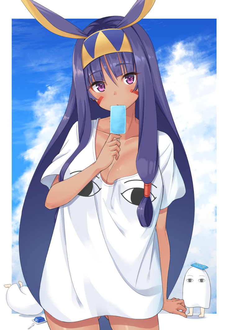 &lt;o&gt;_&lt;o&gt; 1girl animal_ears bangs blue_sky breasts cleavage clouds cloudy_sky collarbone commentary_request cowboy_shot dark_skin day egyptian eyebrows_visible_through_hair facial_mark fate/grand_order fate_(series) fingernails food gluteal_fold hair_between_eyes hairband head_tilt holding holding_food jackal_ears long_hair looking_at_viewer medium_breasts medjed nanasea74 nitocris_(fate/grand_order) popsicle purple_hair shirt short_sleeves sidelocks sky solo_focus standing very_long_hair violet_eyes white_shirt