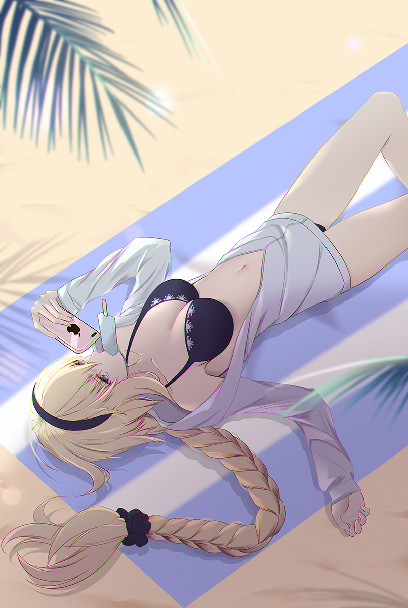 1girl bikini black_bikini black_hairband blonde_hair braid breasts cellphone cleavage fate/grand_order fate_(series) food hairband highres iphone jeanne_d'arc_(fate) jeanne_d'arc_(fate)_(all) long_hair long_sleeves looking_at_viewer lying medium_breasts merry_hearm mouth_hold navel on_back phone popsicle single_braid smartphone solo swimsuit violet_eyes