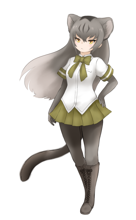 1girl :&lt; animal_ears boots bow bowtie cat_ears cat_tail cross-laced_footwear elbow_gloves extra_ears frown full_body gloves green_neckwear green_skirt grey_gloves grey_legwear hand_on_hip ise_(0425) jaguarundi_(kemono_friends) kemono_friends knee_boots long_hair pantyhose pleated_skirt short_sleeves simple_background skirt solo tail white_background yellow_eyes