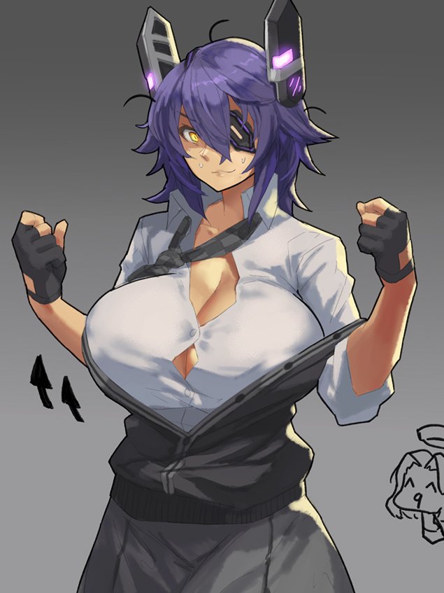 1girl black_gloves breasts buttons checkered checkered_neckwear cleavage clenched_hands closed_mouth collarbone collared_shirt commentary eu03 eyepatch gloves hair_between_eyes hands_up headgear huge_breasts jacket kantai_collection looking_at_viewer loose_necktie necktie open_clothes open_jacket partly_fingerless_gloves purple_hair remodel_(kantai_collection) school_uniform shirt short_hair skirt sleeves_rolled_up smile standing sweatdrop taut_clothes taut_shirt tenryuu_(kantai_collection) unbuttoned unbuttoned_shirt white_shirt yellow_eyes