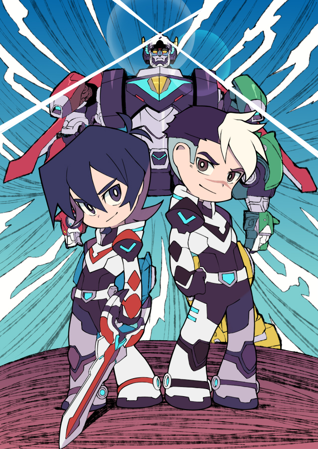 2boys black_hair bodysuit facial_scar grey_eyes keith_(voltron) male_focus mecha miyata_(lhr) multicolored_hair multiple_boys scar smile sword takashi_shirogane two-tone_hair voltron:_legendary_defender voltron_(mecha) weapon white_hair