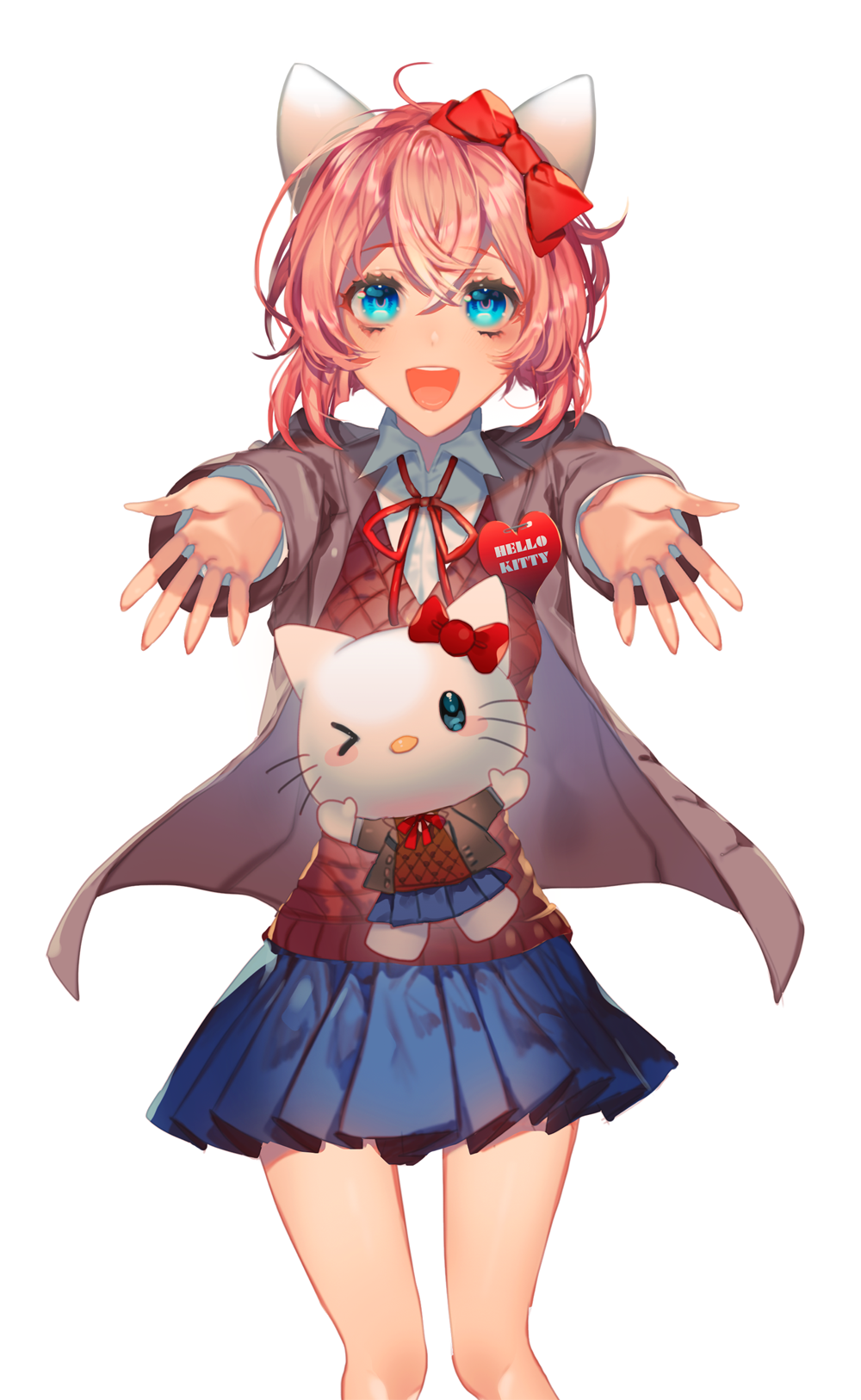 &gt;_o 1girl :d animal_ears blue_eyes blue_skirt bow cat_ears doki_doki_literature_club hair_between_eyes hair_bow hello_kitty hello_kitty_(character) highres looking_at_viewer one_eye_closed open_mouth outstretched_arms pink_hair pleated_skirt red_bow sayori_(doki_doki_literature_club) school_uniform short_hair simple_background skirt smile white_background yakusuke