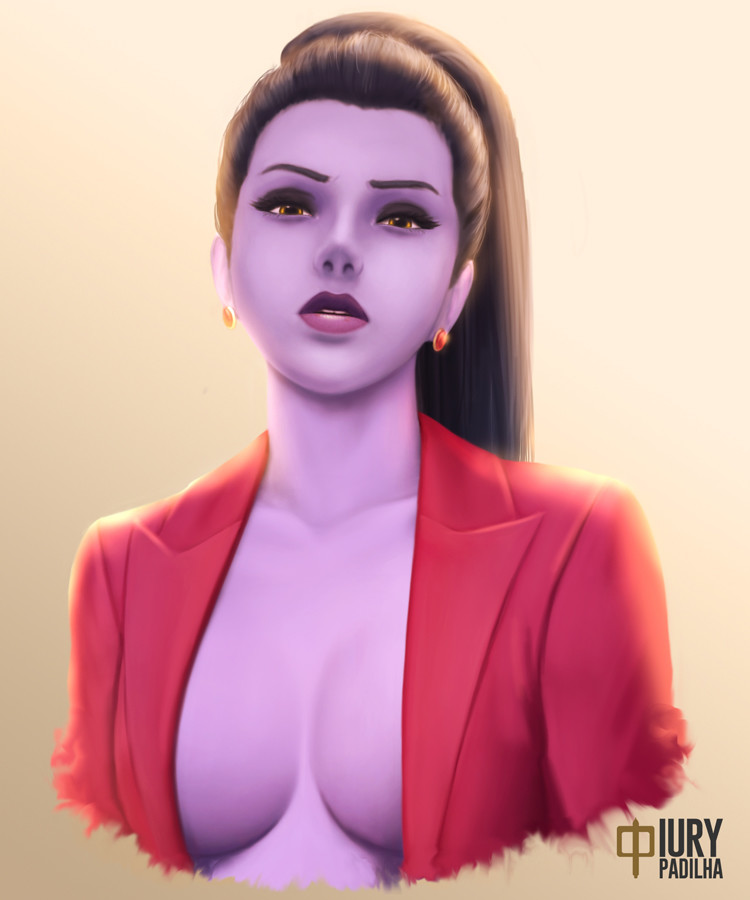 1girl artist_name backlighting black_hair breasts brown_eyes business_suit coat collarbone earrings eyebrows eyelashes eyeshadow formal gradient gradient_background iury_padilha jewelry large_breasts lipstick long_hair looking_at_viewer makeup naked_coat no_shirt nose overwatch parted_lips ponytail purple_lips purple_lipstick purple_skin red_coat red_suit solo stud_earrings suit suit_jacket tan_background widowmaker_(overwatch)