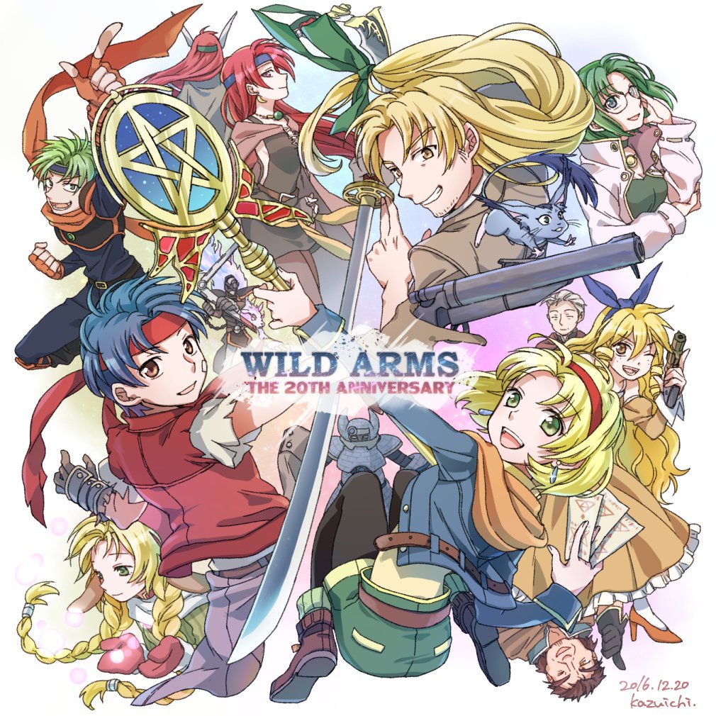 5boys animal_ears armor asgard_(wild_arms) ass belt blonde_hair blue_hair boomerang_flash braid breasts brown_eyes brown_gloves brown_hair butler calamity_jane cecilia_lynne_adelhyde cleavage coat commentary_request creature dress drill_hair earrings elmina_niet emma_hetfield everyone formal glasses gloves green_eyes green_hair gun hair_ribbon hairband hanpan jack_van_burace jewelry lady_harken long_hair looking_at_viewer luceid_(wild_arms) magdalen_harts mariel_(wild_arms) multiple_boys multiple_girls necklace pantyhose red_armor red_hairband red_vest ribbon rody_roughnight short_hair sideboob sword twin_braids vest wand weapon wild_arms wild_arms_1 zed