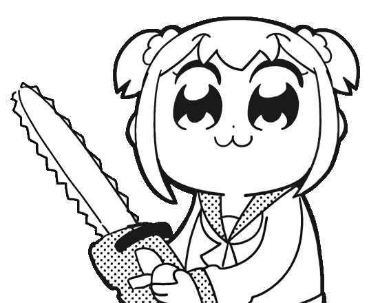 1girl :3 animated animated_gif bangs bkub chainsaw chibi cptnameless eyebrows_visible_through_hair greyscale hair_ornament hair_scrunchie holding holding_weapon looking_at_viewer monochrome poptepipic popuko school_uniform scrunchie seamless_loop serafuku sidelocks simple_background solo upper_body weapon white_background
