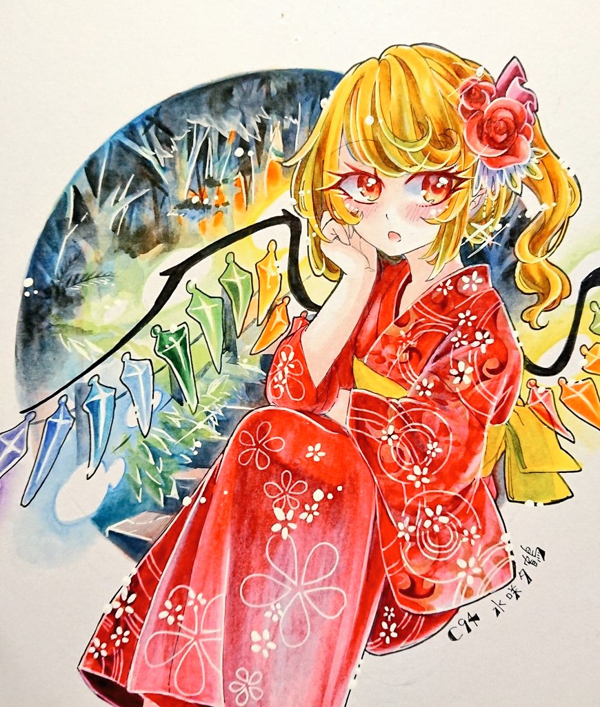 1girl :o blonde_hair blush chaka3464 comiket_94 eyebrows_visible_through_hair eyelashes feet_out_of_frame flandre_scarlet floral_print flower hair_flower hair_ornament hand_on_own_cheek japanese_clothes kimono open_mouth orange_eyes ponytail ribbon shikishi sitting touhou traditional_media tree wings