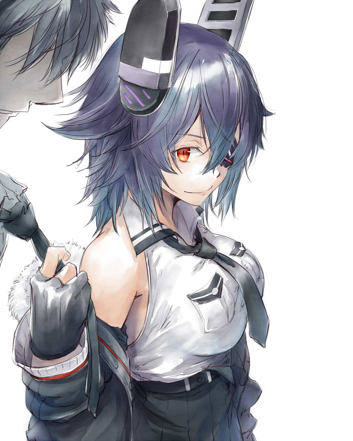 1boy 1girl black_neckwear breasts commentary_request eyepatch faceless faceless_male fur-trimmed_jacket fur_trim headgear hinoru_saikusa jacket kantai_collection large_breasts loose_necktie messy_hair necktie necktie_grab neckwear_grab off_shoulder purple_hair red_eyes remodel_(kantai_collection) shirt short_hair sleeveless sleeveless_shirt solo_focus tenryuu_(kantai_collection) traditional_media watercolor_(medium) white_background