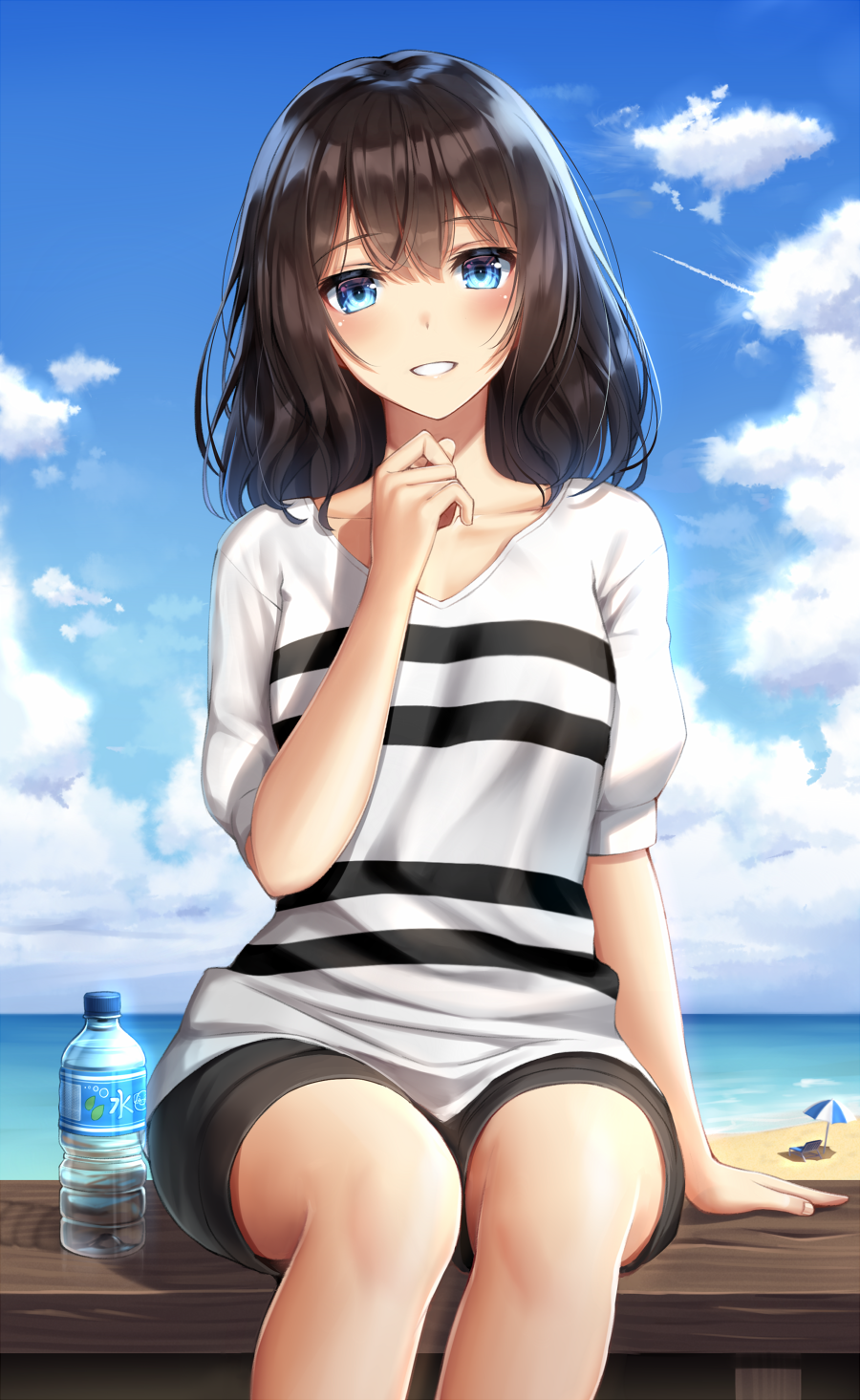 1girl arm_support bangs beach beach_umbrella black_shorts blue_eyes blue_sky blush bottle brown_hair chair clouds cloudy_sky collarbone commentary_request day eyebrows_visible_through_hair hair_between_eyes hand_up head_tilt highres horizon looking_at_viewer lounge_chair ocean original outdoors parted_lips puffy_short_sleeves puffy_sleeves sand shirt short_shorts short_sleeves shorts sitting sky smile solo striped striped_shirt superpig umbrella water water_bottle white_shirt