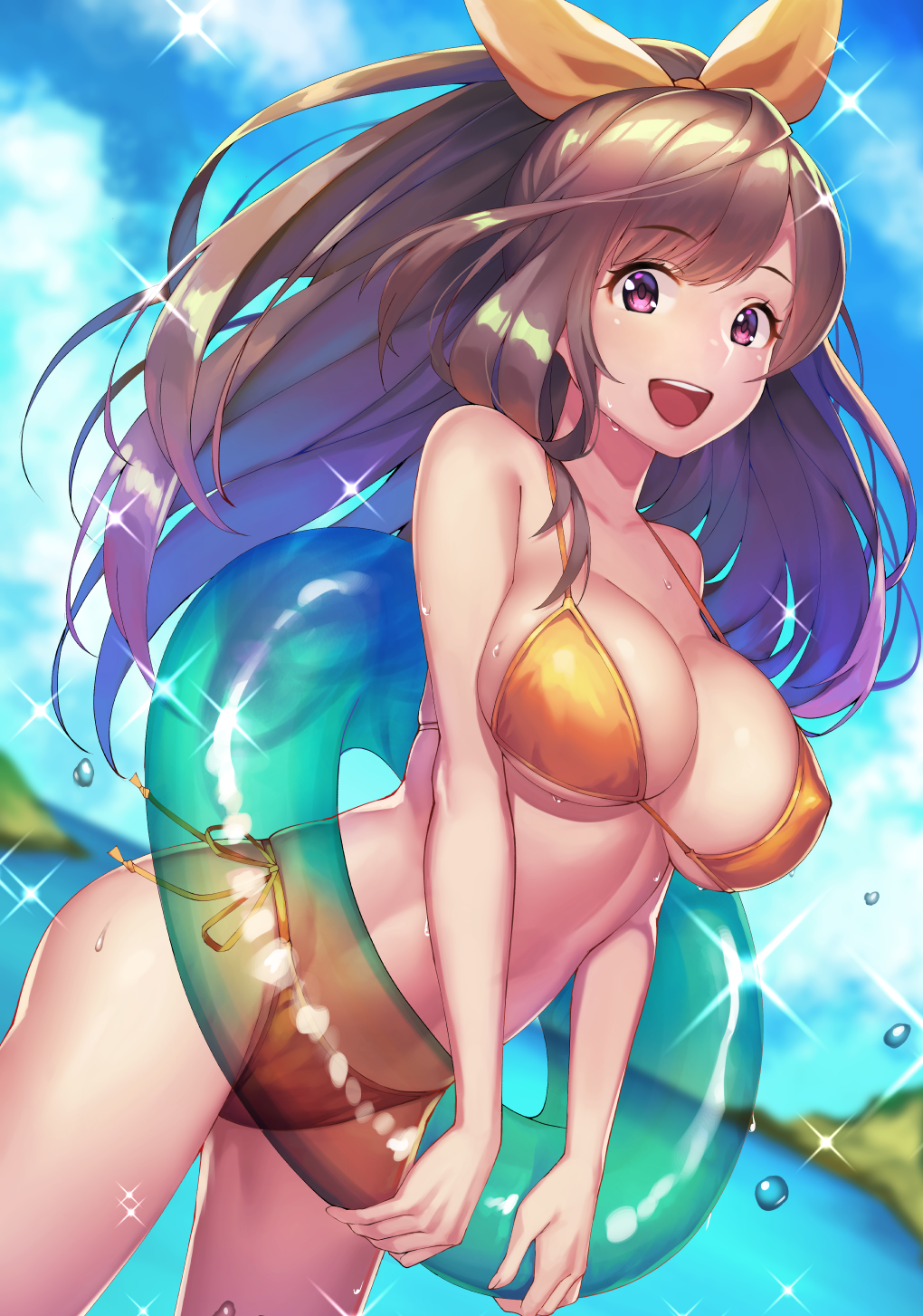 1girl bangs beach bikini blue_sky blush bow breasts brown_hair cleavage clouds collarbone commentary_request day eyebrows_visible_through_hair hair_bow highres hrtyuk idolmaster idolmaster_shiny_colors innertube large_breasts long_hair looking_at_viewer navel ocean open_mouth outdoors pink_eyes ponytail side-tie_bikini sky smile solo swimsuit tsukioka_kogane water wet yellow_bikini