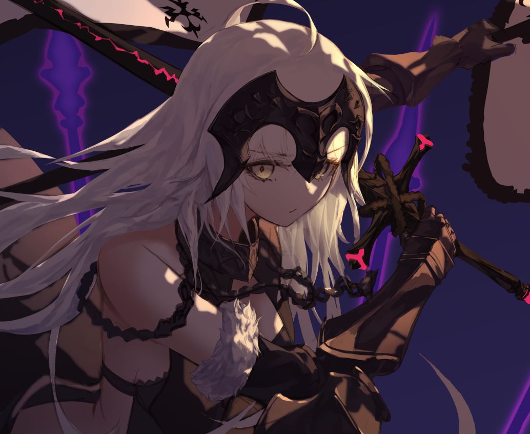 1girl ahoge armor armored_dress bare_shoulders black_dress breasts chains closed_mouth commentary_request dress eyebrows_visible_through_hair fate/grand_order fate_(series) flag fur_trim gauntlets godoju headpiece holding holding_sword holding_weapon jeanne_d'arc_(alter)_(fate) jeanne_d'arc_(fate)_(all) long_hair shadow silver_hair sword weapon yellow_eyes