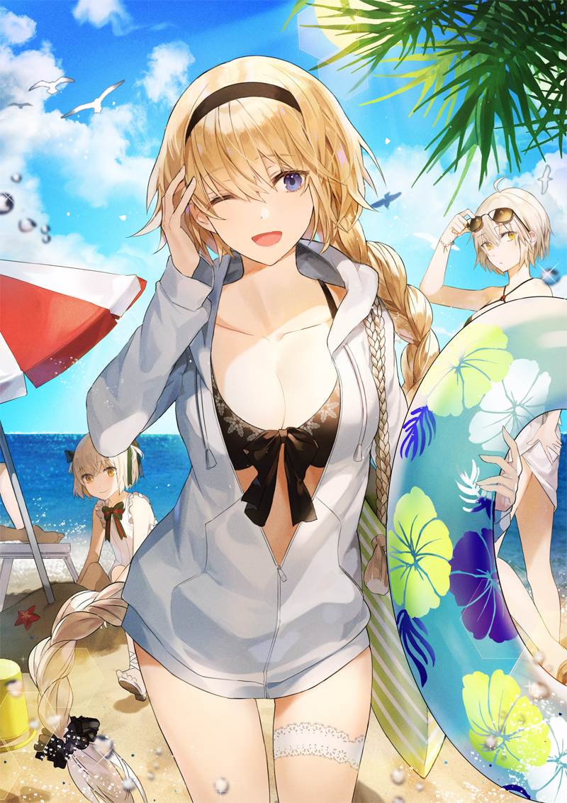 3girls ;d ahoge bag beach beach_umbrella bikini bikini_under_clothes bird black_bikini black_bow black_hairband blonde_hair blue_eyes blue_sky blush bow braid breasts brown-framed_eyewear bucket child cleavage closed_mouth commentary_request cowboy_shot day drawstring elbow_gloves eyewear_on_head fate/grand_order fate_(series) floral_print frilled_swimsuit frills front-tie_bikini front-tie_top gloves green_bow grey_hair hair_ornament hair_scrunchie hairband hand_on_hip hand_on_own_head hand_up holding hood hood_down hoodie innertube jeanne_d'arc_(alter)_(fate) jeanne_d'arc_(fate) jeanne_d'arc_(fate)_(all) jeanne_d'arc_alter_santa_lily kim_eb lens_flare long_hair long_sleeves looking_at_viewer medium_breasts multiple_girls ocean one_eye_closed open_clothes open_hoodie open_mouth outdoors palm_tree partially_unzipped sand sand_sculpture sarong scrunchie shoulder_bag single_braid sitting sky smile sparkle starfish sun sunglasses swimsuit tree umbrella very_long_hair water white_swimsuit yellow_eyes zipper