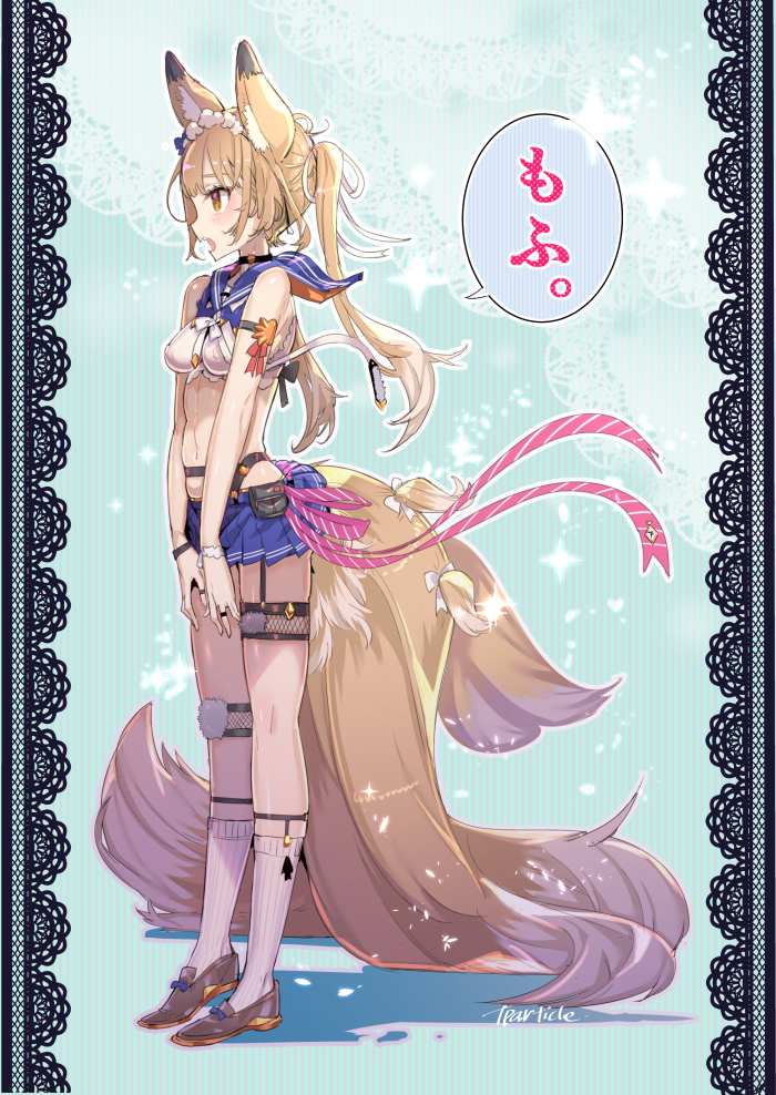 1girl animal_ears bangs bare_shoulders blue_sailor_collar blue_skirt blush brown_eyes brown_footwear commentary_request crop_top fox_ears fox_girl fox_tail kitsune lace_bikini light_brown_hair long_hair midriff navel open_mouth original pink_ribbon pleated_skirt profile ribbon sailor_collar school_uniform serafuku shirt shoes skirt sleeveless sleeveless_shirt socks solo sparkle standing striped striped_background tail tajima_ryuushi thigh_strap translated twintails vertical-striped_background vertical_stripes very_long_hair white_legwear white_shirt