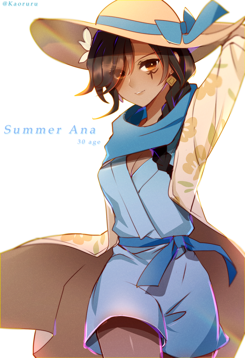 1girl alternate_costume ana_(overwatch) arm_up atobesakunolove blue_ribbon blue_shirt blue_shorts bow braid breasts brown_eyes brown_hair cabana_ana character_name cleavage cowboy_shot dark_skin earrings eyes_visible_through_hair facial_tattoo floral_print flower hair_flower hair_ornament hand_behind_head hat hat_bow hat_ribbon jewelry long_hair looking_at_viewer medium_breasts overwatch parted_lips ribbon shirt shorts simple_background single_braid smile solo sun_hat tattoo twitter_username white_background white_flower younger