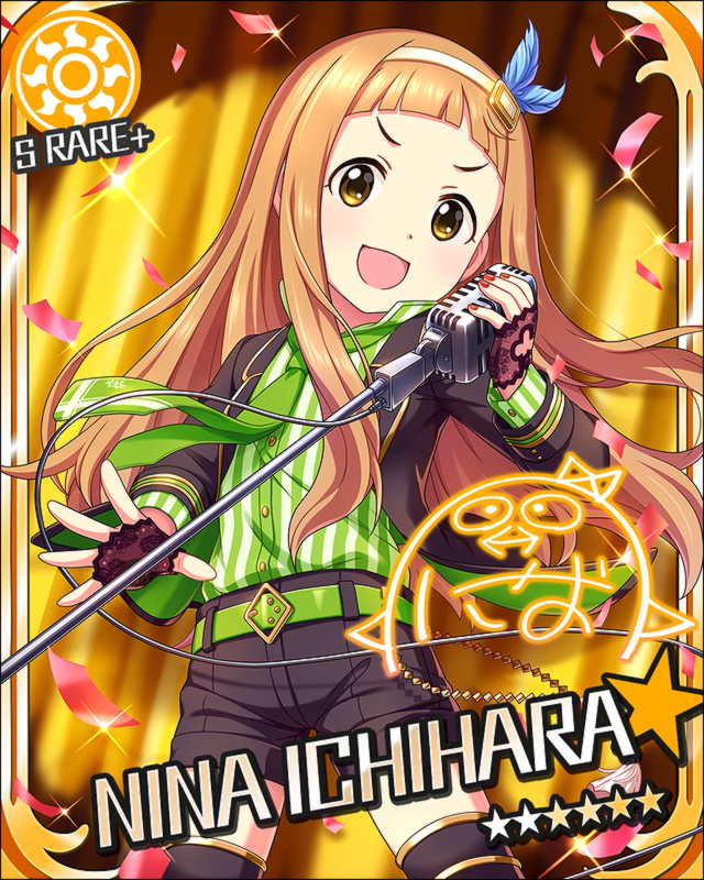 blush brown_eyes brown_hair character_name dress ichihara_nina idolmaster idolmaster_cinderella_girls long_hair microphone smile stars