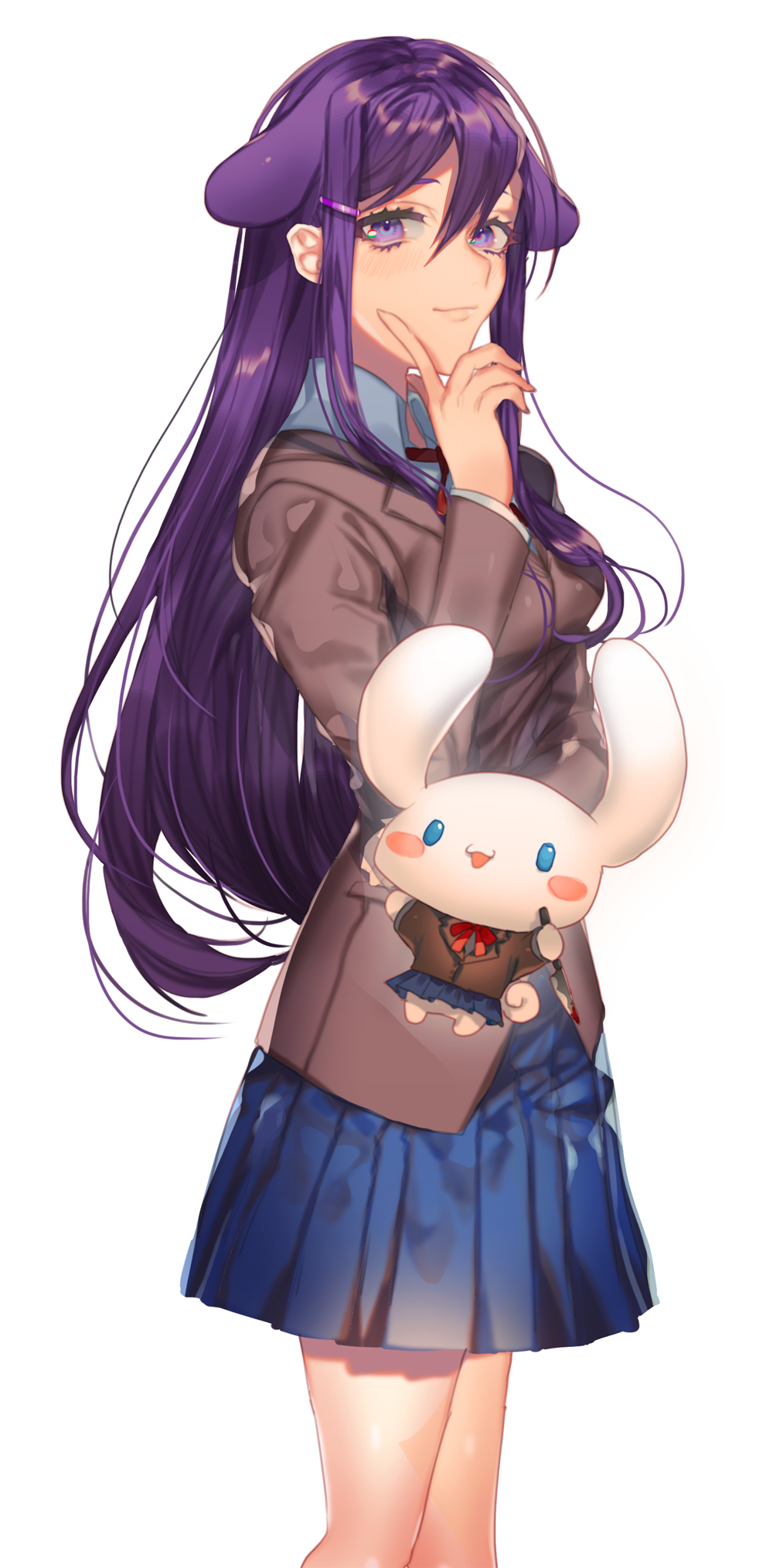 1girl animal_ears blue_skirt character_request doki_doki_literature_club hair_between_eyes hair_ornament hairclip hand_on_own_chin highres knife light_smile long_hair looking_at_viewer pleated_skirt purple_hair school_uniform simple_background skirt violet_eyes white_background yakusuke yuri_(doki_doki_literature_club)