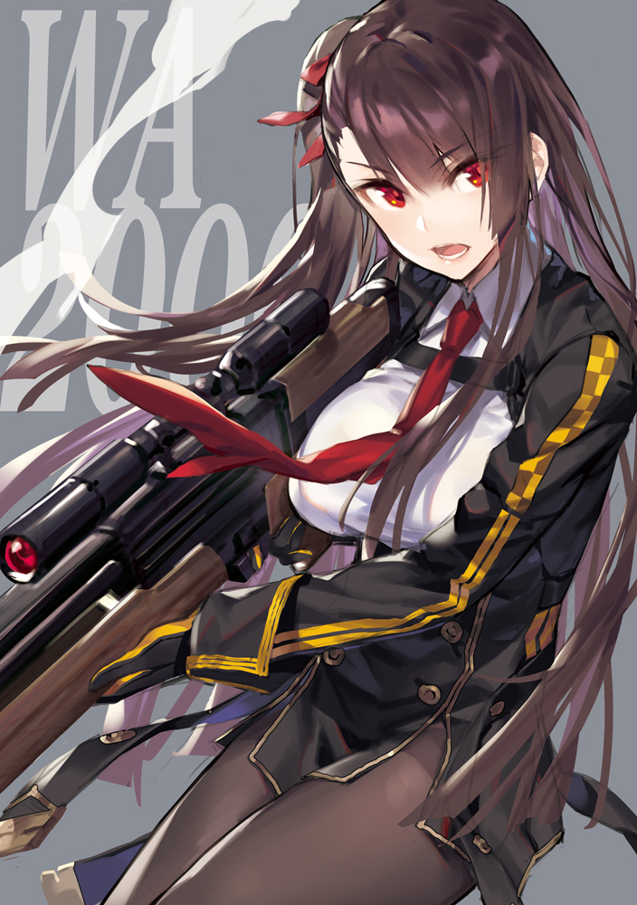 1girl asymmetrical_bangs bangs black_gloves black_hair black_legwear breasts bullpup character_name commentary eyebrows_visible_through_hair girls_frontline gloves grey_background gun hair_ribbon high-waist_skirt large_breasts long_hair long_sleeves looking_at_viewer miniskirt necktie noy one_side_up open_mouth pantyhose pelvic_curtain red_eyes ribbon rifle sidelocks skirt sniper_rifle solo tsurime very_long_hair wa2000_(girls_frontline) walther walther_wa_2000 weapon