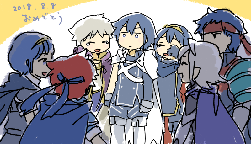 1girl 6+boys armor blue_eyes blue_hair cape chibi closed_eyes crying father_and_daughter fire_emblem fire_emblem:_fuuin_no_tsurugi fire_emblem:_kakusei fire_emblem:_mystery_of_the_emblem fire_emblem:_souen_no_kiseki fire_emblem_if headband ike krom lucina male_my_unit_(fire_emblem:_kakusei) male_my_unit_(fire_emblem_if) marth multiple_boys my_unit_(fire_emblem:_kakusei) my_unit_(fire_emblem_if) pirihiba pointy_ears roy_(fire_emblem) short_hair shoulder_armor smile super_smash_bros. tears