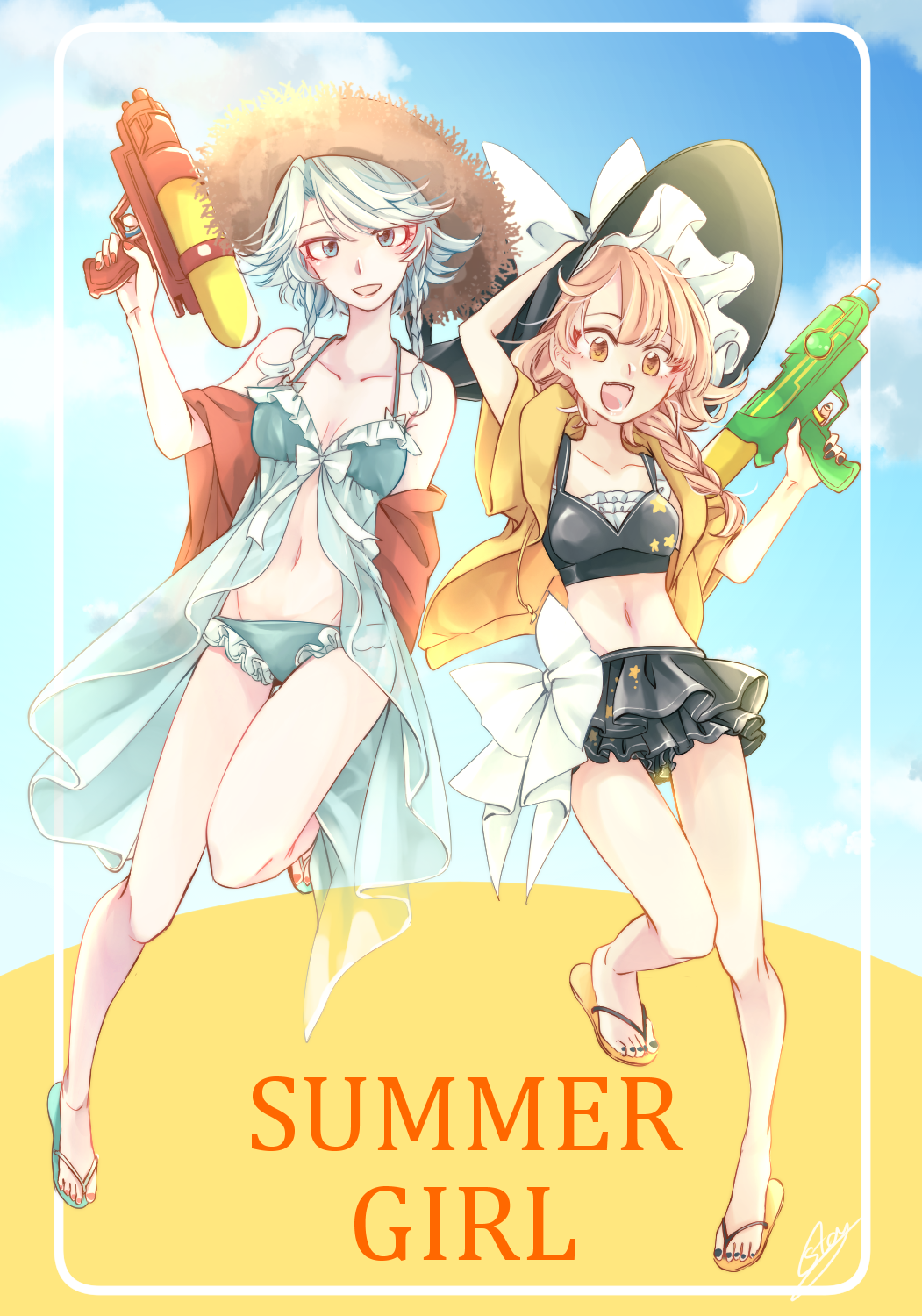 2girls :d arm_up artist_name bangs bare_legs bare_shoulders bikini black_hat black_nails black_swimsuit blonde_hair blue_bikini blue_eyes blue_footwear blue_sky blush bow braid breasts cleavage clouds collarbone commentary_request day drawstring eyebrows_visible_through_hair frilled_bikini frills full_body groin gun halterneck hand_on_headwear hand_up hat hat_bow head_tilt highres holding holding_gun holding_weapon hood hooded_jacket izayoi_sakuya jacket kirisame_marisa leg_up looking_at_viewer medium_breasts multiple_girls nail_polish navel off_shoulder open_clothes open_jacket open_mouth outdoors red_nails sandals short_sleeves signature silver_hair single_braid sky smile souta_(karasu_no_ouchi) star star_print stomach sun_hat swept_bangs swimsuit thighs toenail_polish touhou twin_braids water_gun weapon white_bow witch_hat yellow_eyes yellow_footwear yellow_jacket