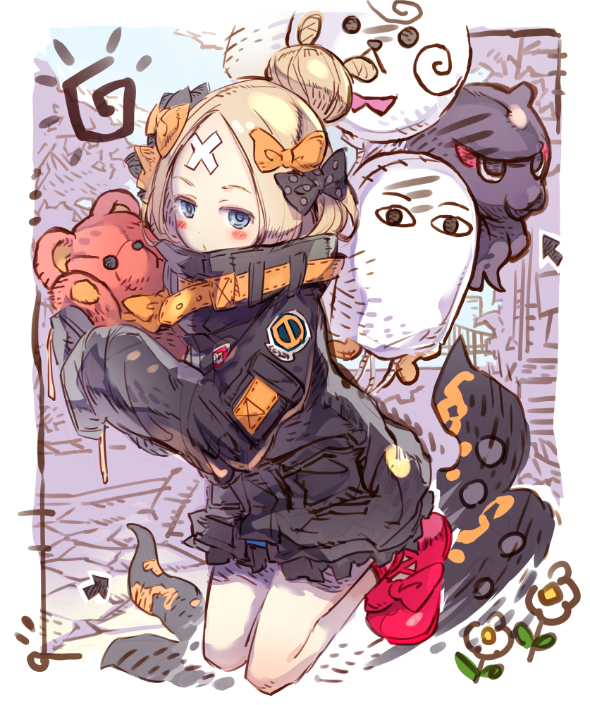 1girl abigail_williams_(fate/grand_order) bangs black_bow black_jacket blonde_hair blue_eyes blush bow closed_mouth commentary_request crossed_bandaids directional_arrow fate/grand_order fate_(series) flower fou_(fate/grand_order) hair_bow hair_bun haku_(sabosoda) jacket kneeling long_hair long_sleeves looking_at_viewer medjed object_hug orange_bow parted_bangs polka_dot polka_dot_bow red_bow red_footwear shoes sketch sleeves_past_fingers sleeves_past_wrists solo stuffed_animal stuffed_toy teddy_bear tentacle white_flower