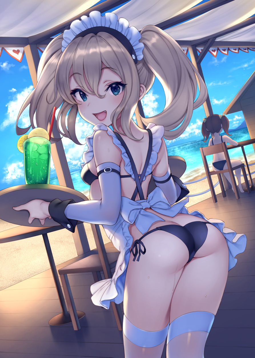 2girls :d apron ass bangs beach bikini black_bikini blonde_hair blue_eyes blue_sky blush bow breasts brown_hair chair clouds commentary_request cup day detached_sleeves drinking_straw eyebrows_visible_through_hair fang hair_between_eyes hair_bow highres lips long_hair looking_at_viewer looking_back maid_headdress multiple_girls ocean open_mouth original pokachu side-tie_bikini sky small_breasts smile standing sweat swimsuit table thigh-highs tray tropical_drink twintails water white_apron white_legwear wrist_cuffs