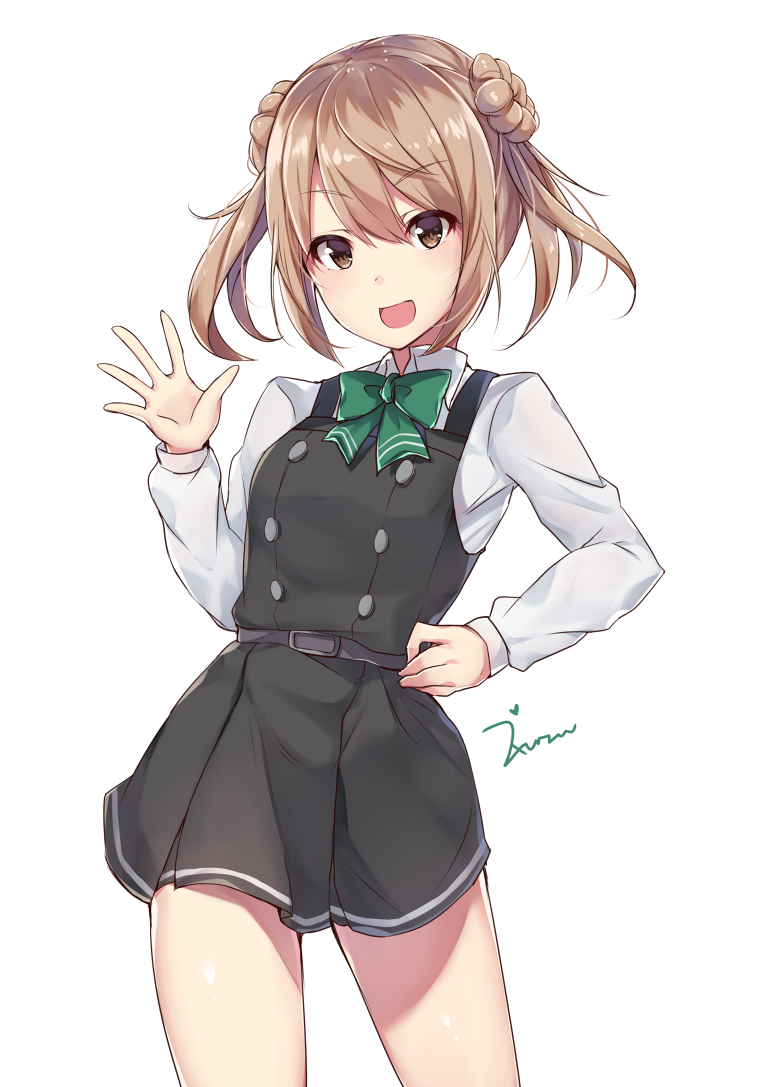 &gt;:d 1girl belt blush bow bowtie cowboy_shot double_bun dress eyebrows_visible_through_hair green_neckwear hair_between_eyes hand_on_hip hand_up kantai_collection light_brown_eyes light_brown_hair long_sleeves looking_at_viewer michishio_(kantai_collection) open_mouth pinafore_dress remodel_(kantai_collection) school_uniform short_dress signature simple_background smile solo twintails waving white_background zhi_zhi/zu_zu