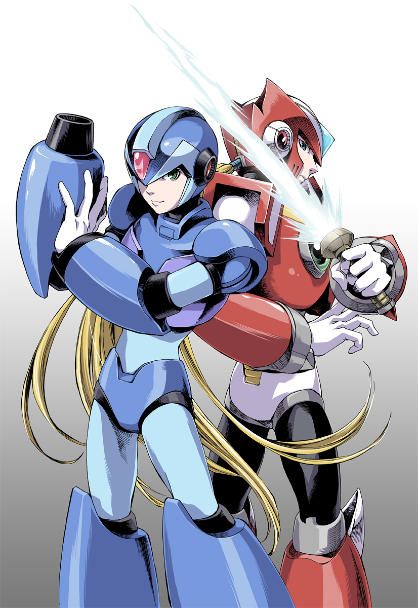 2boys android arm_cannon back-to-back beam_saber blonde_hair blue_eyes capcom energy_blade gloves green_eyes helmet highres holding holding_weapon long_hair male_focus millipen_(medium) multiple_boys ponytail power_armor rockman rockman_x smile standing traditional_media very_long_hair weapon white_gloves x_(rockman) yukinbo78 zero_(rockman)