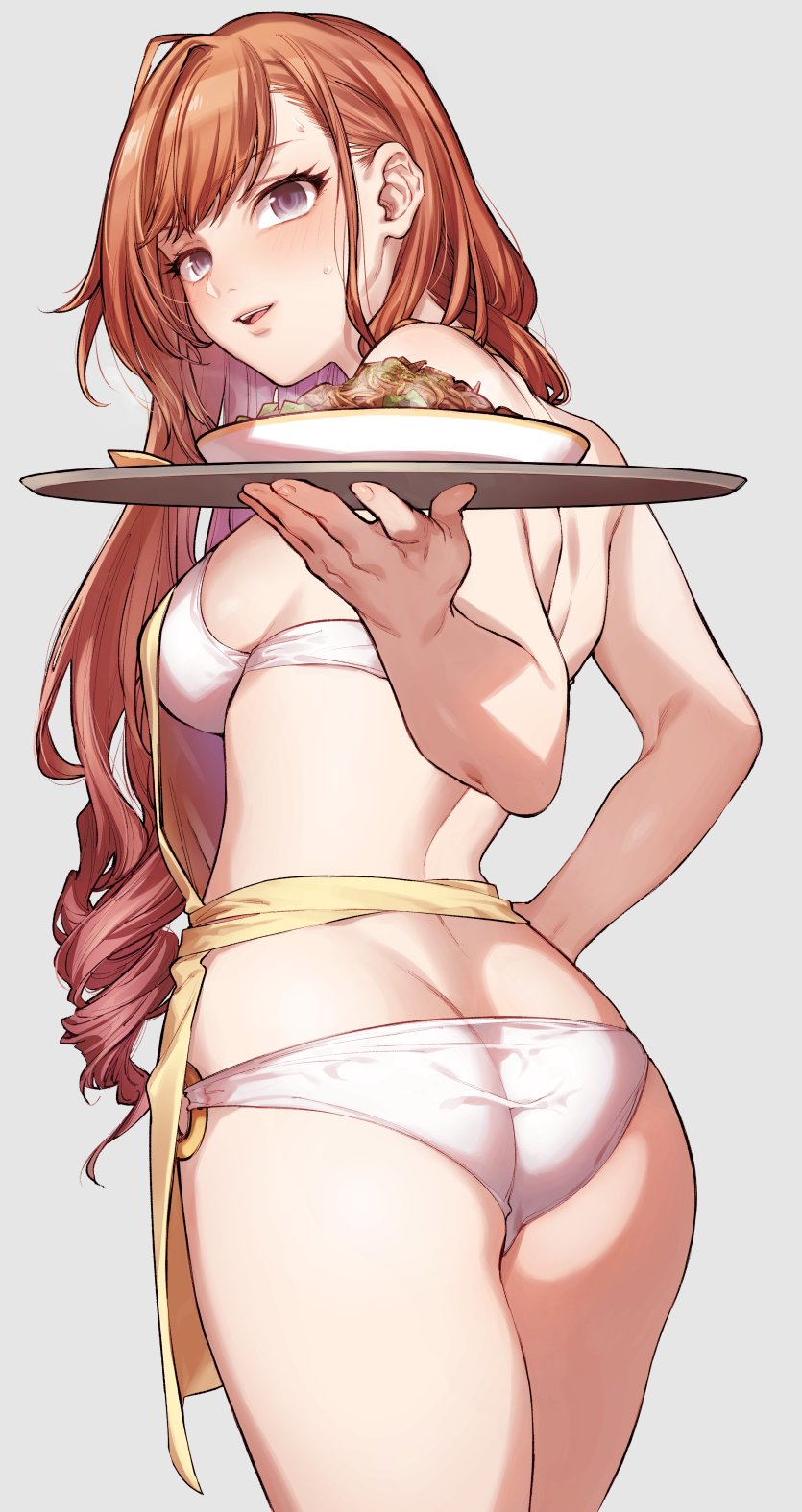 1girl apron arisugawa_natsuha ass back bangs bare_arms bare_shoulders bikini blush brown_eyes commentary_request curvy dish eyebrows_visible_through_hair food from_behind hand_on_hip highres hips holding holding_tray idolmaster idolmaster_shiny_colors ikarin legs long_hair looking_at_viewer looking_back open_mouth redhead sidelocks sweat sweatdrop swimsuit teeth thick_thighs thighs tongue tray white_bikini wide_hips yellow_apron
