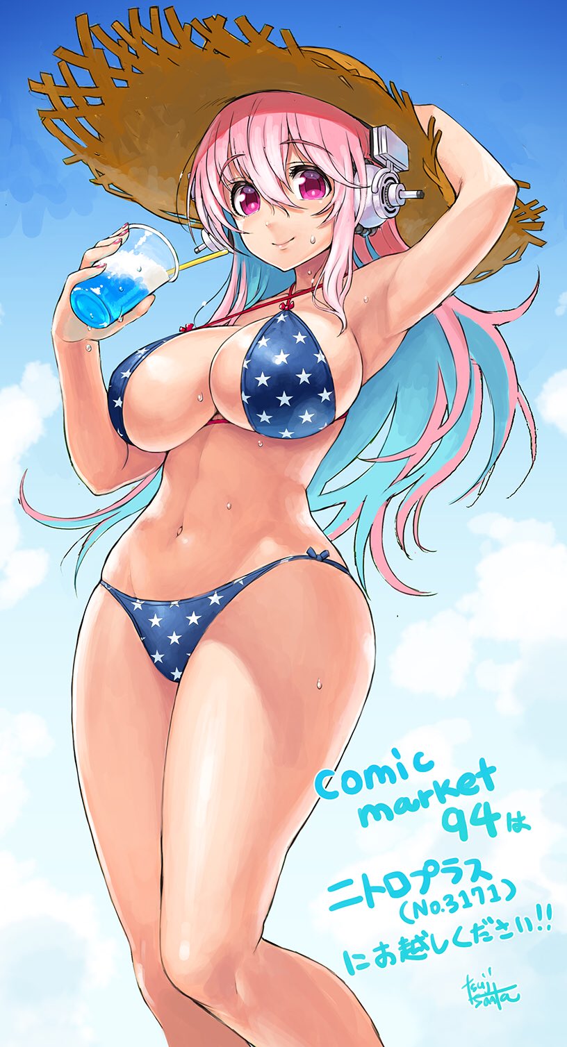 1girl bikini blue_hair blush breasts cleavage closed_mouth curvy female hair_between_eyes hand_on_hat hand_on_headwear hat headphones highres holding holding_cup large_breasts long_hair looking_at_viewer midriff multicolored_hair navel nitroplus pink_eyes pink_hair sideboob skindentation smile solo star star_print straw_hat sun_hat super_sonico swimsuit thighs tsuji_santa two-tone_hair