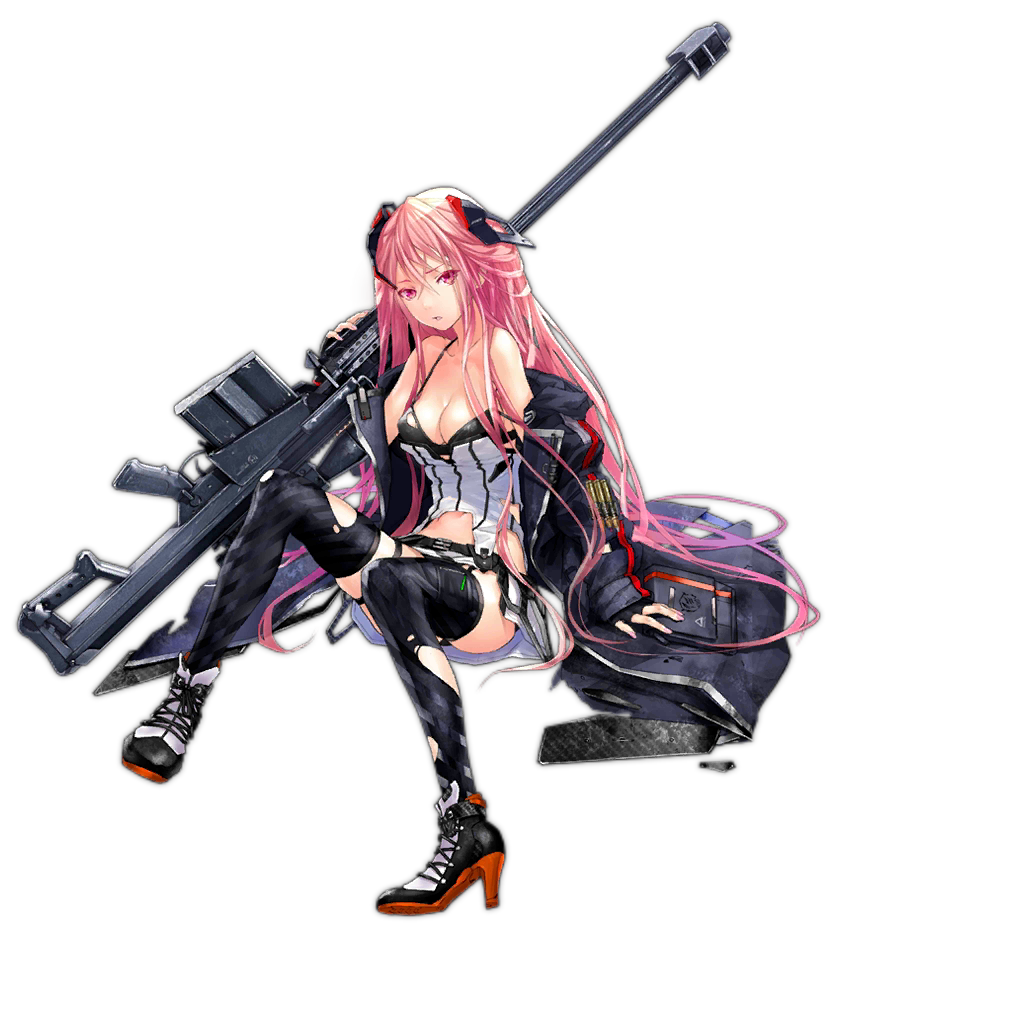 1girl anti-materiel_rifle artist_request barrett_m82 barrett_m82_(girls_frontline) breasts bullet cleavage fingerless_gloves girls_frontline gloves gun gun_over_shoulder headgear high_heels holster long_hair long_jacket miniskirt official_art pink_eyes pink_hair rifle scope skirt sniper_rifle solo thigh-highs thigh_holster torn_clothes torn_thighhighs weapon