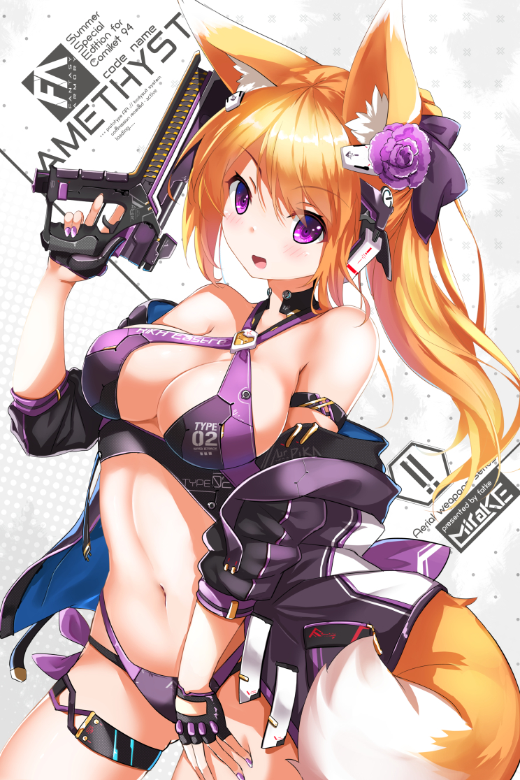 1girl animal_ears arm_strap bare_shoulders bikini blonde_hair breasts eyebrows_visible_through_hair fatkewell fingerless_gloves flower fox_ears gloves gun hair_flower hair_ornament halterneck headgear jacket large_breasts long_hair looking_at_viewer off_shoulder open_clothes open_jacket open_mouth original rika_eastre solo swimsuit thigh_strap trigger_discipline violet_eyes weapon