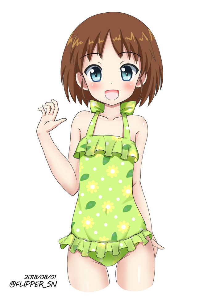 1girl :d arm_behind_back bangs blue_eyes brown_hair commentary cowboy_shot cropped_legs dated eyebrows_visible_through_hair flipper floral_print frilled_swimsuit frills girls_und_panzer looking_at_viewer one-piece_swimsuit open_mouth print_swimsuit sakaguchi_karina short_hair simple_background smile solo standing swimsuit twitter_username waving white_background