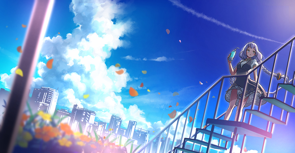 1girl :o bangs bendy_straw black_dress blue_eyes blue_sky blurry blurry_foreground bottle braid breasts cityscape clouds collared_dress commentary_request day depth_of_field dress drinking_straw flower hair_ornament hand_up holding holding_bottle kizuna_akari long_hair looking_away looking_to_the_side low_twintails orange_flower outdoors parted_lips puffy_short_sleeves puffy_sleeves scenery short_sleeves silver_hair sky small_breasts solo stairs suishougensou twin_braids twintails very_long_hair vocaloid yellow_flower