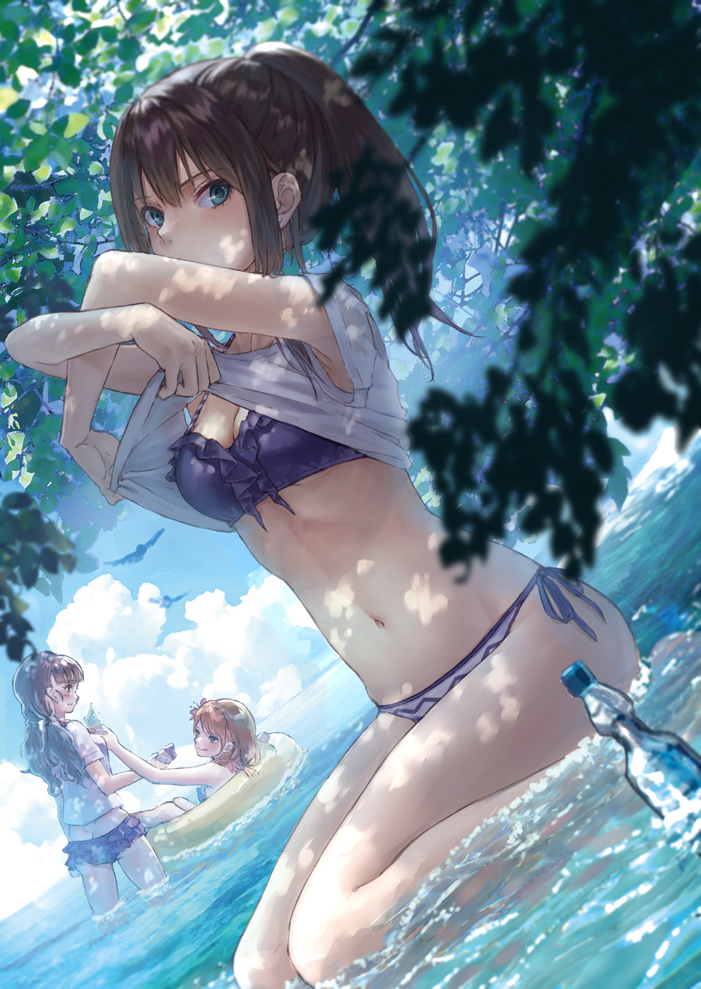 3girls armpits ass bangs barefoot bikini bikini_under_clothes blue_sky blush breasts brown_eyes brown_hair butt_crack cleavage clouds cloudy_sky commentary_request covered_mouth day dutch_angle eyebrows_visible_through_hair food green_eyes hair_between_eyes highres holding holding_food houjou_karen ice_cream ice_cream_cone idolmaster idolmaster_cinderella_girls innertube kamiya_nao long_hair looking_at_viewer lying medium_breasts multiple_girls navel on_back outdoors ponytail purple_bikini ramune roki_(0214278) shibuya_rin shirt short_sleeves side-tie_bikini sitting sky soft_serve standing swimsuit triad_primus undressing wariza white_shirt yellow_innertube