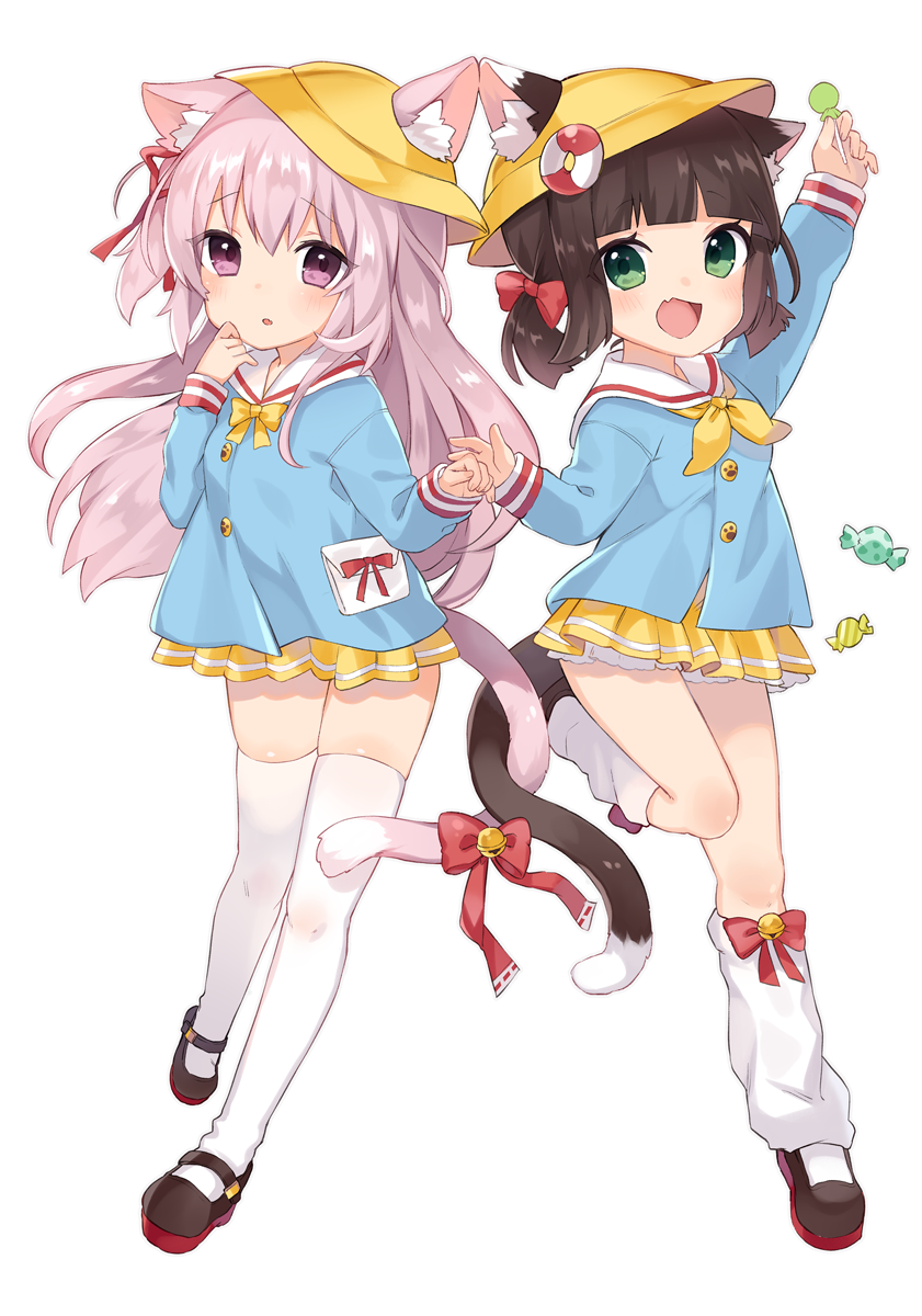 2girls :d animal_ears arm_up azur_lane bangs bell blue_shirt blush bow bowtie brown_footwear brown_hair candy candy_wrapper cat_ears cat_girl cat_tail commentary ears_through_headwear eyebrows_visible_through_hair fang fingernails food green_eyes hair_between_eyes hair_ribbon hand_up hat highres holding holding_food holding_lollipop intertwined_tails jingle_bell kindergarten_uniform kisaragi_(azur_lane) lollipop long_hair long_sleeves loose_socks low_twintails mary_janes multiple_girls mutsuki_(azur_lane) neckerchief one_side_up open_mouth orqz parted_lips pink_hair pleated_skirt red_bow red_ribbon ribbon school_hat shirt shoes simple_background skirt sleeves_past_wrists smile standing standing_on_one_leg tail tail_bell tail_bow thigh-highs twintails very_long_hair violet_eyes white_background white_legwear yellow_hat yellow_neckwear yellow_skirt